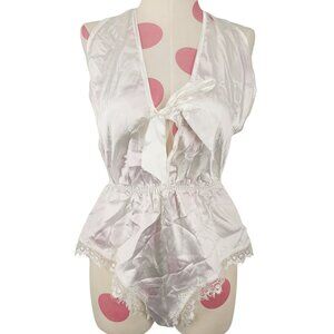 Avidlove White Eyelash Lace Trim Sexy Plunge Teddy Small Halter Cotton Blend